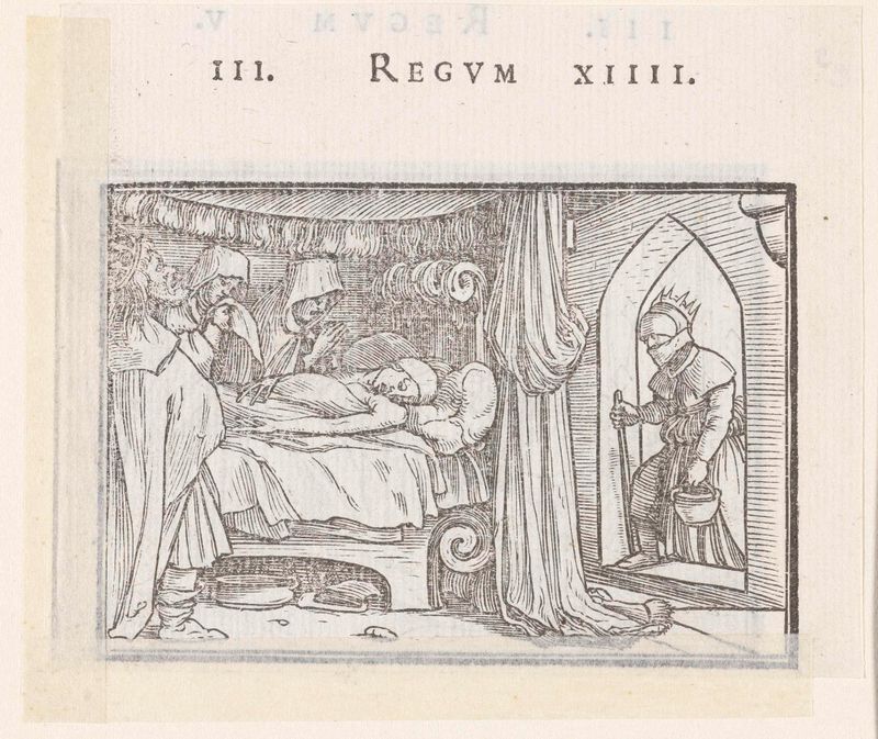 Dood van Abia de Hans Holbein (II), gravura em papel mostrando figuras de luto por um corpo sem vida.