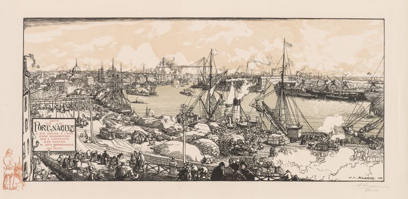Grabado de Auguste Louis Lepère que representa un puerto con barcos y suaves reflejos en el agua