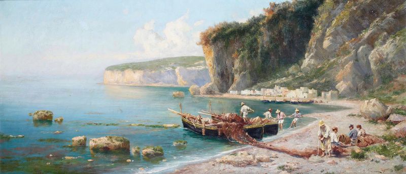 Landscape of coastline with azure sky and Mediterranean by Pietro Barucci, Impressionism