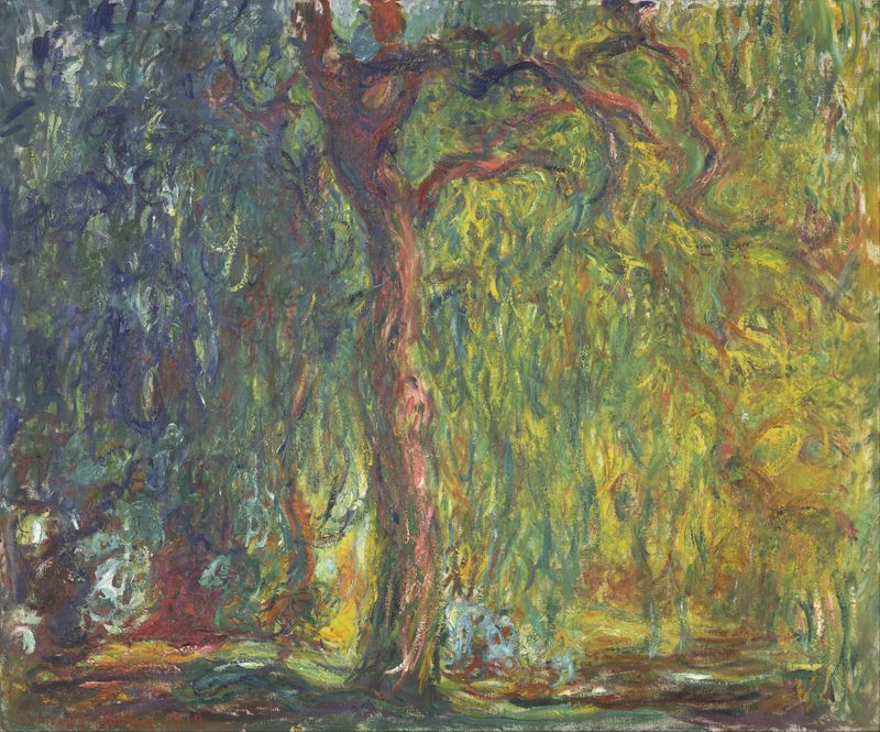 Weeping Willow de Claude Monet, óleo de um salgueiro ao lado de um rio ao crepúsculo.