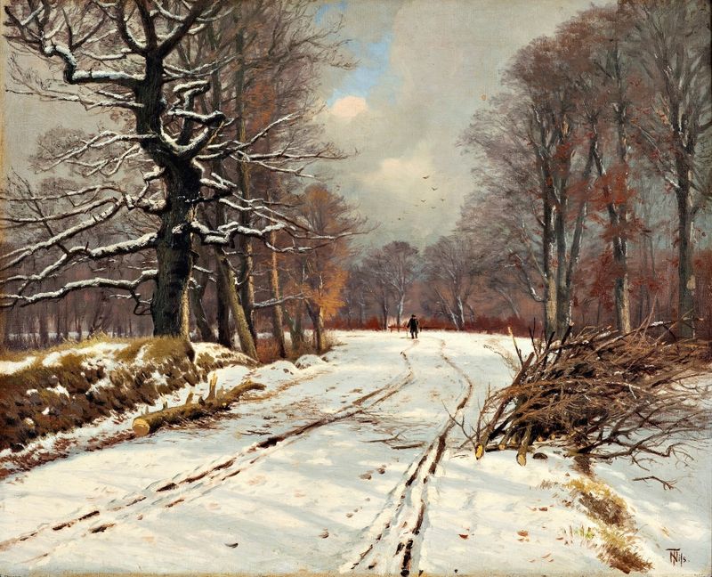 Winter landscape of forests near Hillerød by Thorvald Niss, oil painting featuring snow-covered trees.