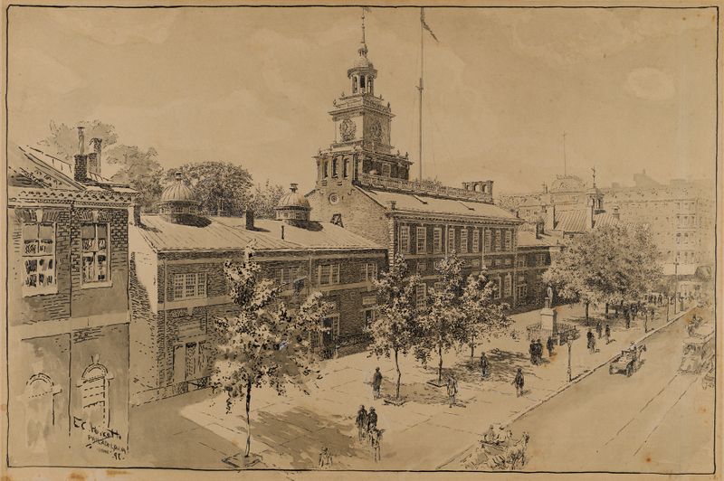 Realism oil painting by Ernest Peixotto depicting Independence Hall in Philadelphia