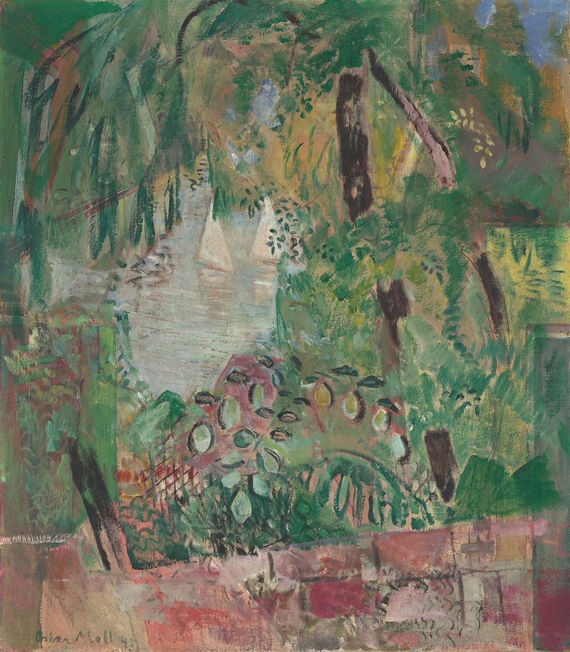 Obra de expresión de Oskar Moll que muestra un lago sereno con dos veleros blancos y hojas, pintura al óleo.