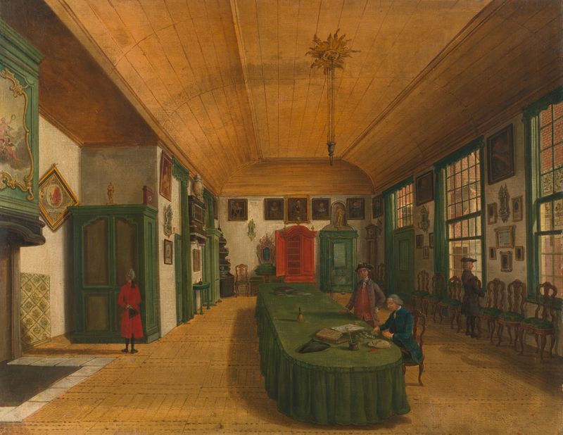 Interior scene with figures in a hall, oil painting by Paulus Constantijn la Fargue