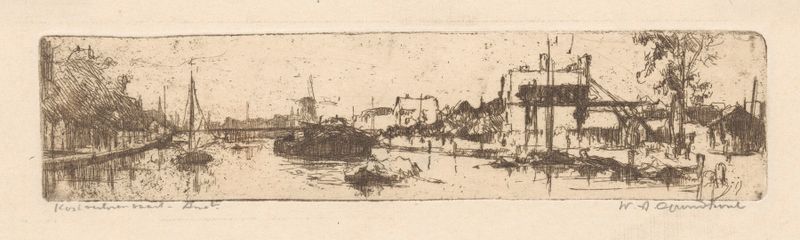 Brug in Delft, óleo sobre tela de Willem Adrianus Grondhout, apresentando uma ponte e reflexos na água.