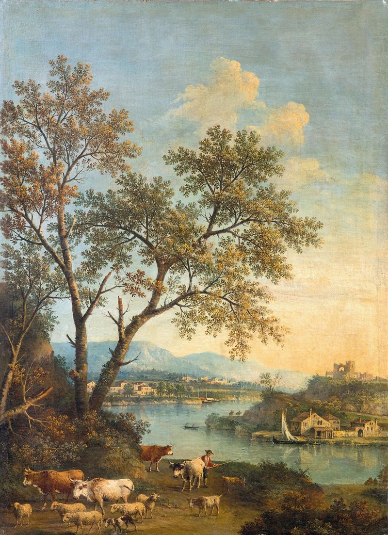 A river landscape with a herdsman and village, oil on canvas by Giovanni Battista Cimaroli.