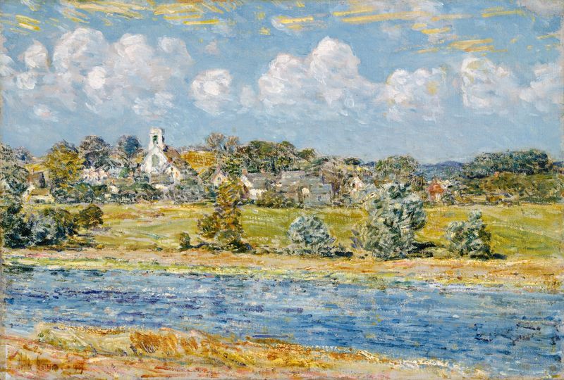 Landscape at Newfields, New Hampshire by Childe Hassam, oil painting depicting serene hills and trees.