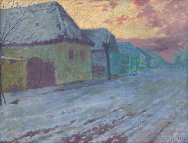 Sunset in Pezinok de Gustáv Mallý, óleo sobre tela que retrata uma paisagem tranquila ao crepúsculo.