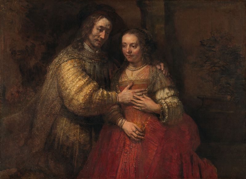 Isaac and Rebecca, oil on canvas by Rembrandt van Rijn, showing a tender moment.