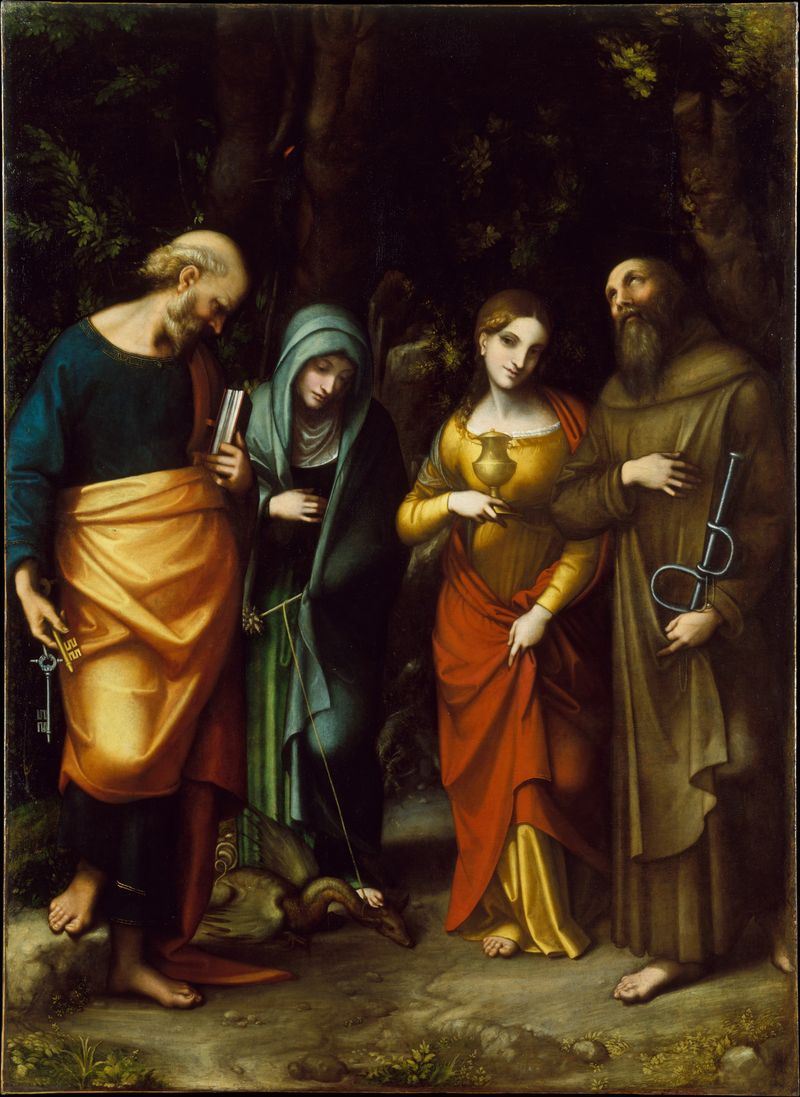 Santos Pedro, Marta, María Magdalena y León por Correggio, óleo sobre lienzo, figuras religiosas en luz armoniosa.