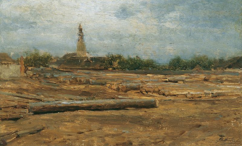 Escena de género que muestra figuras bajo los árboles, luz del sol filtrándose a través de las hojas, de August von Petten...