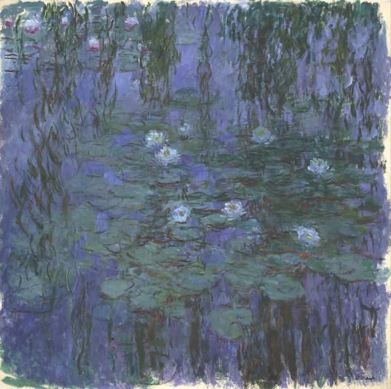 Blue Water Lilies de Claude Monet, pintura a óleo com água tranquila em tons de azul e verde.
