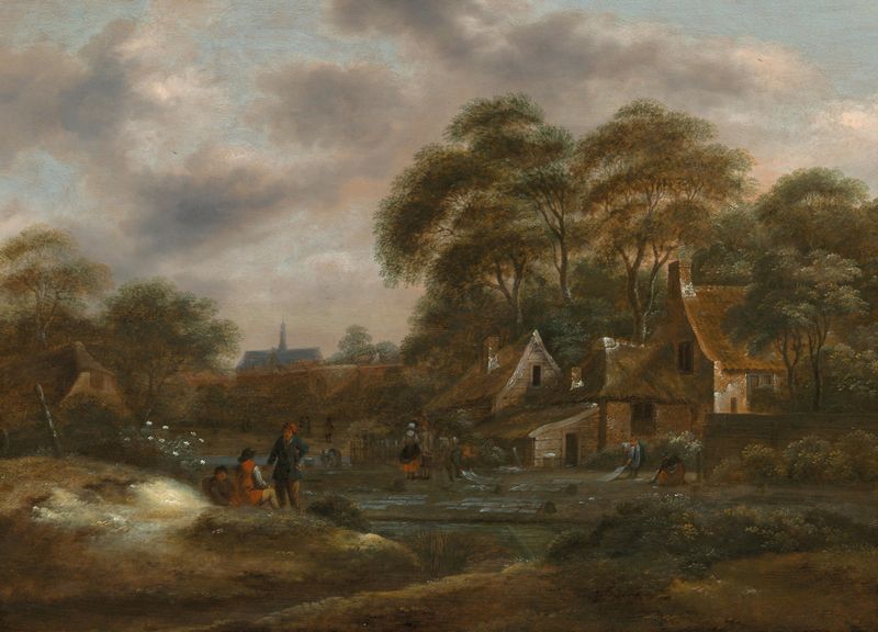 A wooded landscape with a village by Nicolaes Molenaer, oil on canvas