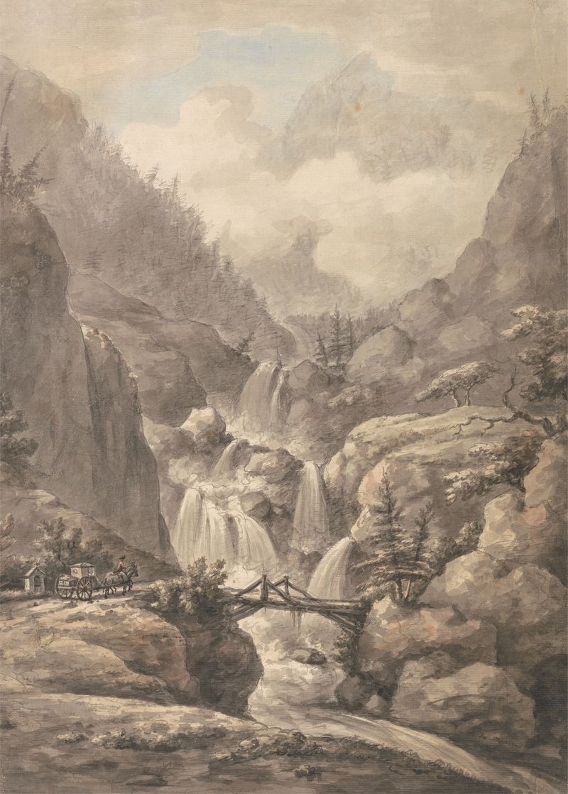 Landscape depicting a chaisse passing through the Alps, oil painting by William Marlow.