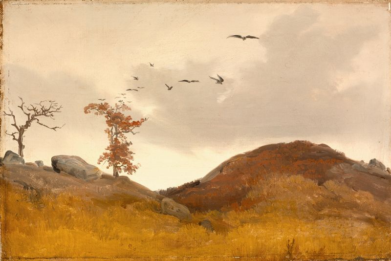 Landscape with Crows by Karl Friedrich Lessing, oil painting depicting rolling hills and dark crows.