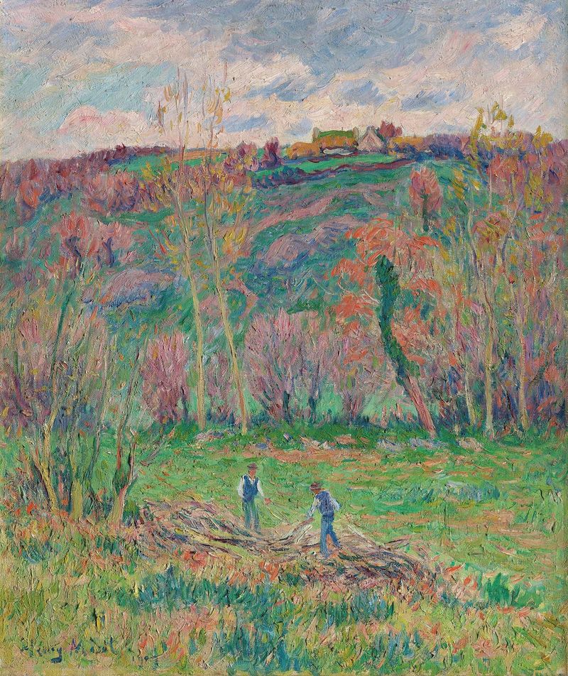 Paisagem de inverno com neve e árvores, óleo sobre tela de Henry Moret