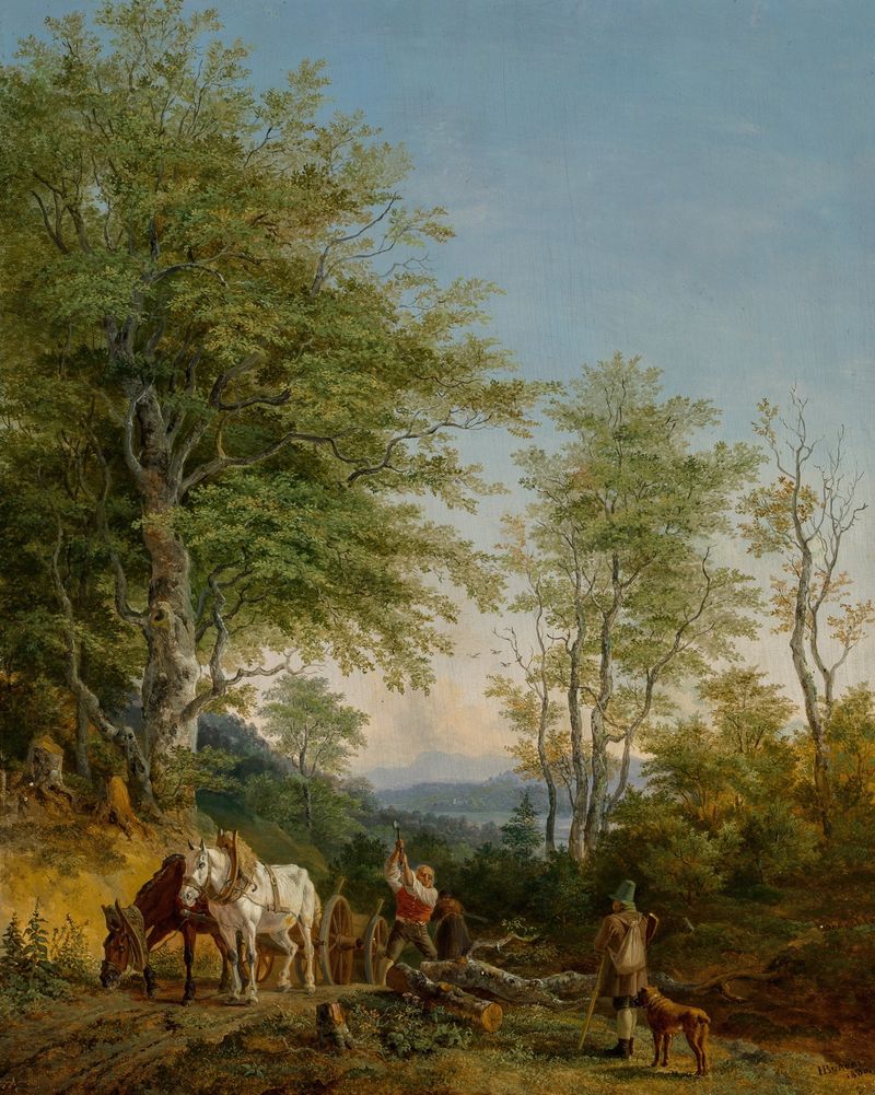 An Italianate wooded landscape with a woodcutter and horses by Heinrich Bürkel, oil painting