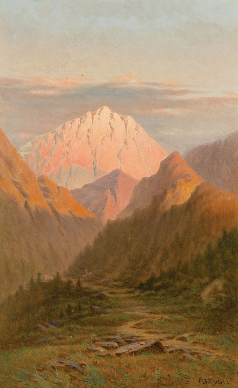 Western Mountains by Frederick Debourg Richards, oil on canvas depicting majestic mountains and serene light.