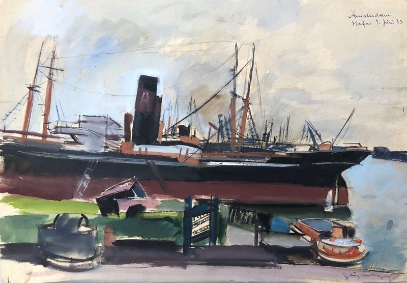 Cena marinha representando Hafen em Amsterdã de Otto Geigenberger, pintura a óleo