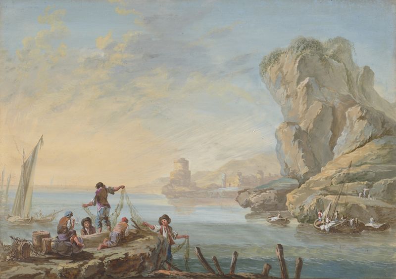 Pintura al óleo de Jean-Baptiste Pillement que muestra pescadores junto al mar con grandes rocas.