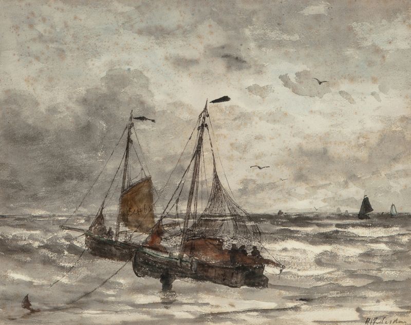 Fishing boats at anchor on a choppy sea, oil painting by Hendrik Willem Mesdag