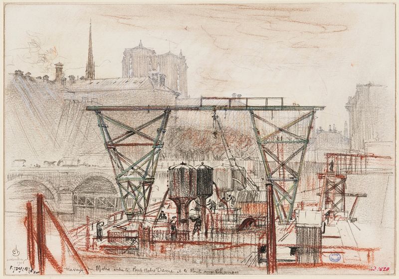 Cena de gênero com trabalhadores em Paris, aquarela sobre papel de Charles Jouas.