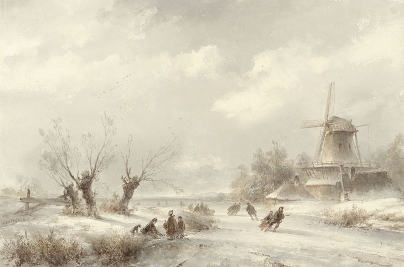 Winter landscape with skaters by Lodewijk Johannes Kleijn, oil on canvas