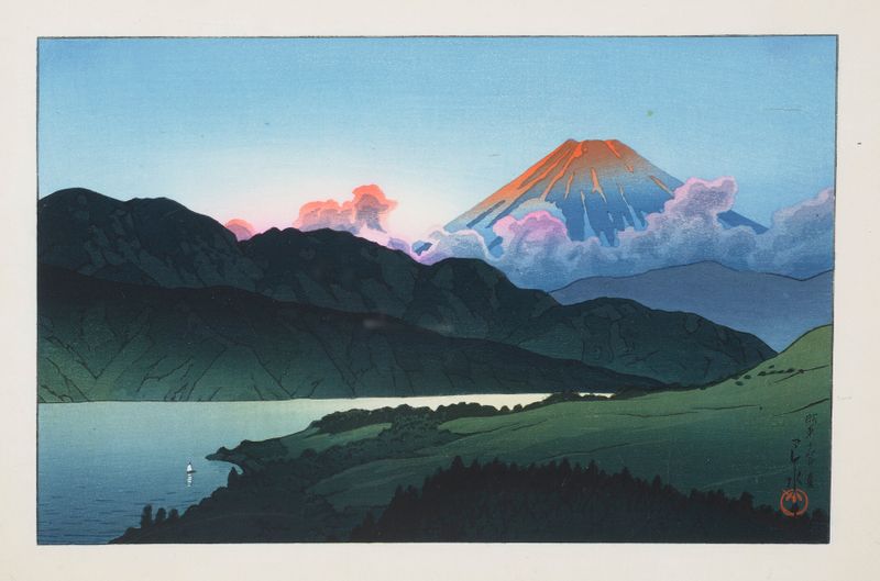 Gravura em madeira de Kawase Hasui representando o Monte Fuji ao crepúsculo sobre o Lago Ashino-ko.
