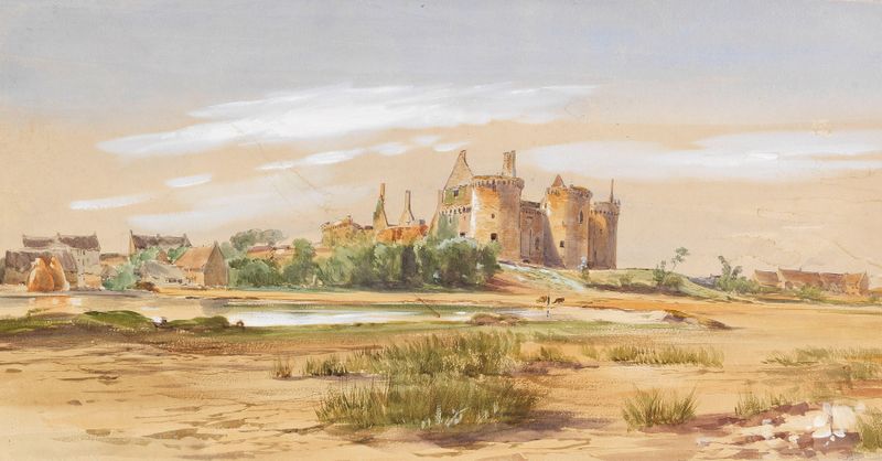 Château de Suscinio, Morbihan de Gustave Joseph Noël, pintura a óleo que mostra um château contra um céu suave