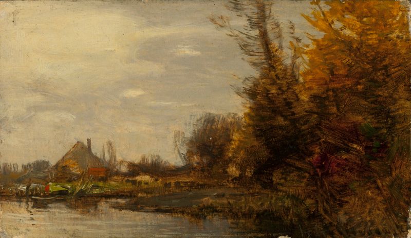 Autumn landscape with a cottage at waterside, oil painting by Roman Kazimierz Kochanowski