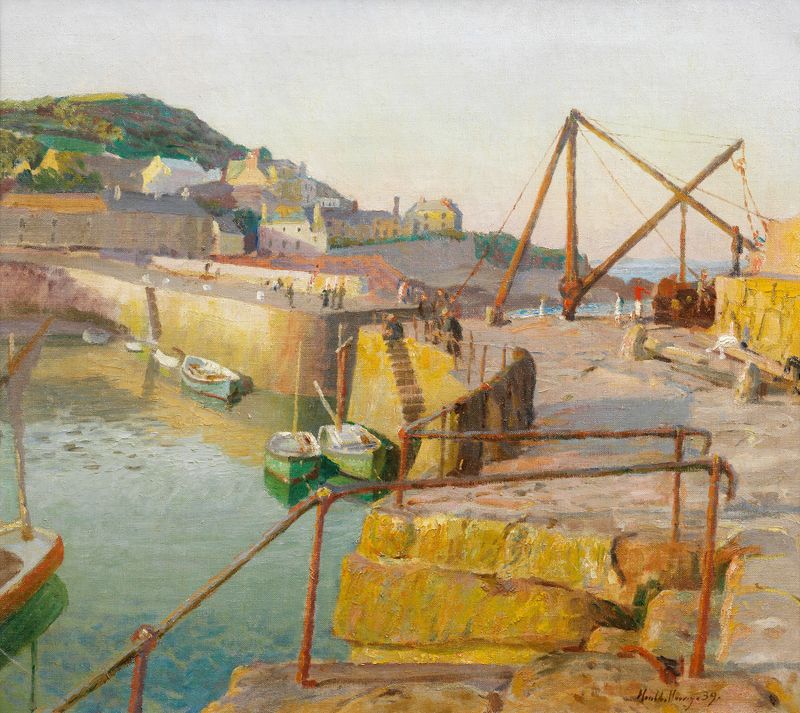 Coastal landscape of Mousehole by Harold Harvey, oil on canvas, featuring a quaint village and soft light.