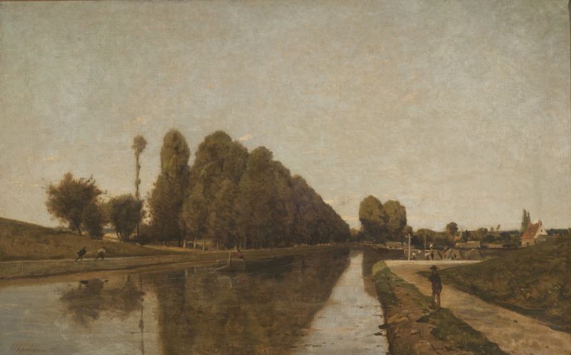 Paisaje con un canal serpenteante y árboles de Henri-Joseph Harpignies, pintura al óleo