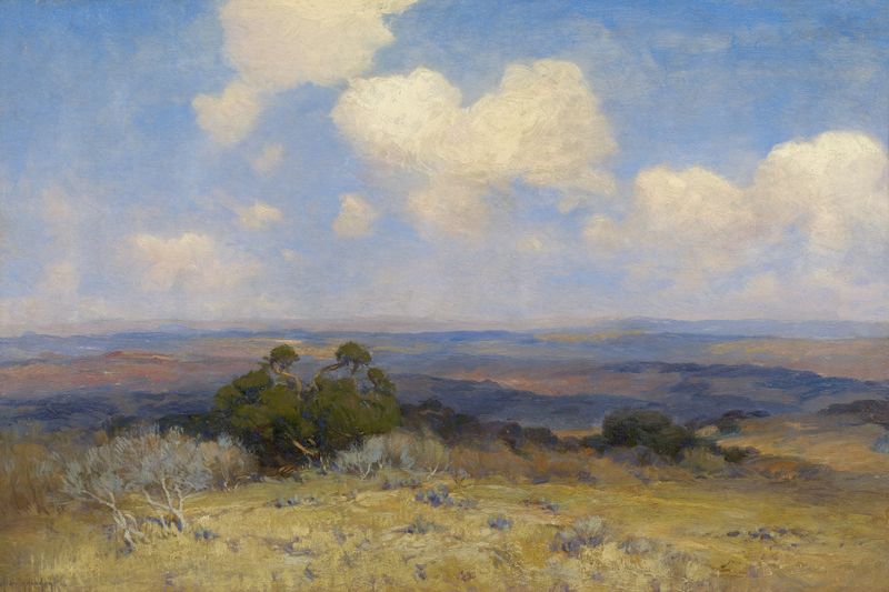 Sunlight and Shadow, oil painting by Julian Onderdonk, sunlight filtering through trees onto the ground.