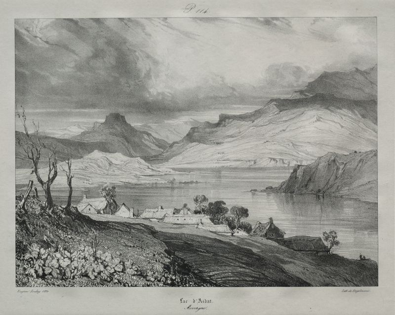 Lac d’Aidat, óleo sobre tela de Eugène Isabey, representando um lago tranquilo e montanhas.
