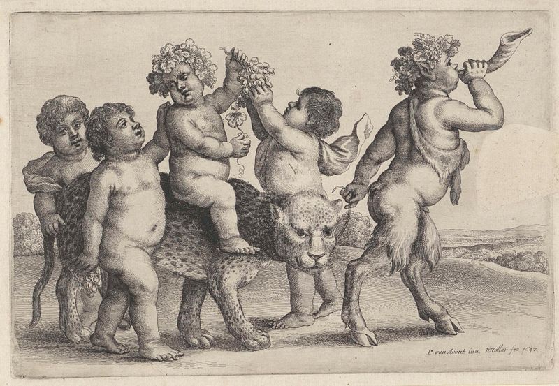 Bacchant zittend op een luipaard, gravura de Wenceslaus Hollar
