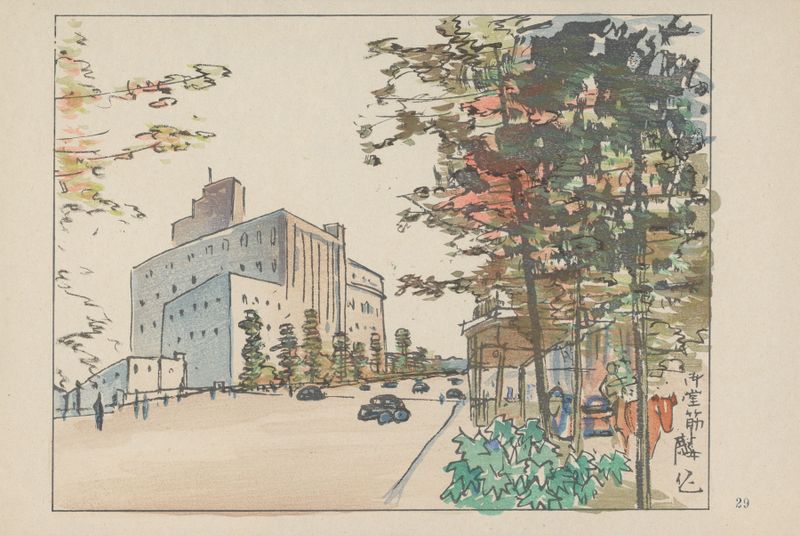 Ink on paper artwork by Akamatsu Rinsaku depicting a bustling business center