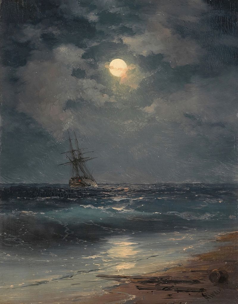 Pintura a óleo de Ivan Konstantinovich Aivazovsky retratando um navio em um mar iluminado pela lua