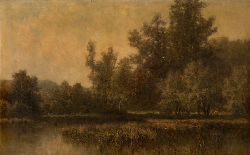 Oil painting of a serene marsh landscape by Euphrosine Beernaert