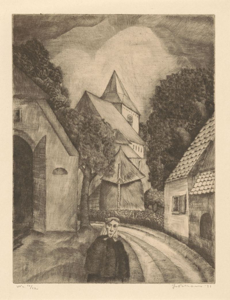 Portrait of a woman in flowing garment standing on a village path by Jo Bezaan