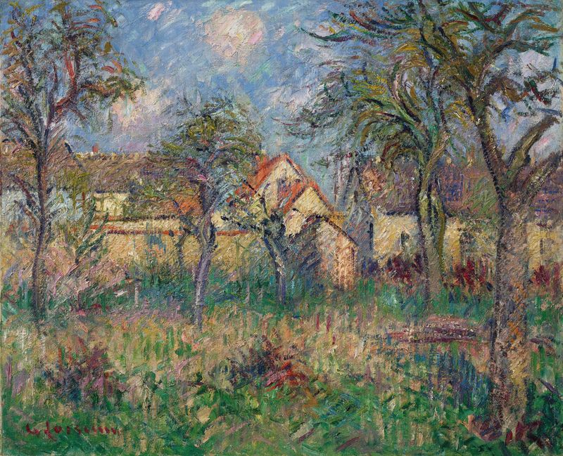 Le Jardin de Gustave Loiseau, pintura a óleo que retrata um jardim exuberante com verdes vibrantes e luz difusa.