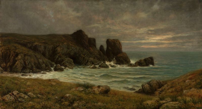 Pintura al óleo Rocky seaside de Louis Frédéric Schützenberger que muestra rocas irregulares y mar turbulento