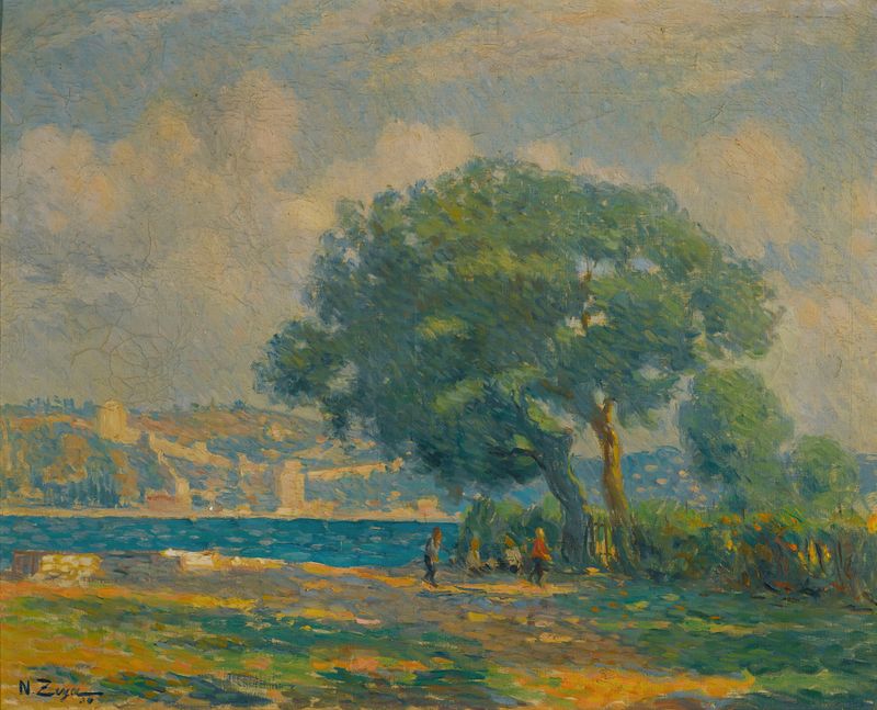 Rumelihisari, On The Bosphorus de Nazmi Ziya Güran, pintura al óleo de una fortaleza sobre el mar.