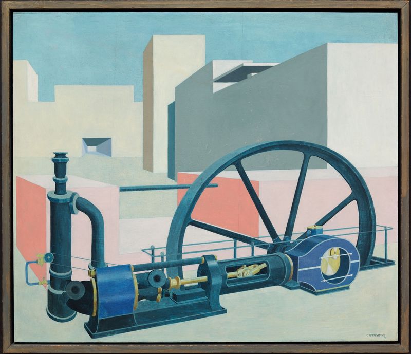 Abstract wood sculpture by Carl Grossberg featuring a central turbine.