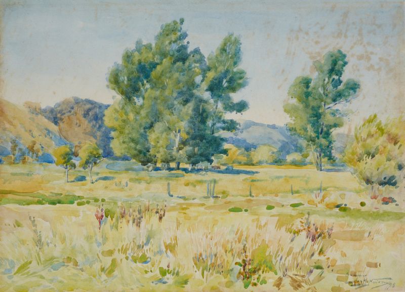 Summer by James Nairn, oil on canvas depicting a serene landscape with a river and sunlight.