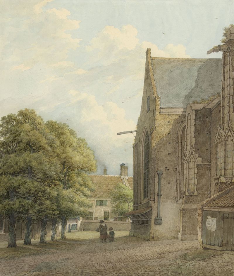 Landscape with a church against a muted sky, oil painting by Daniël Kerkhoff