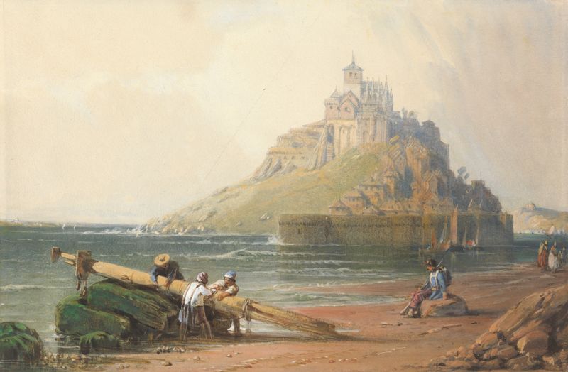 View of Mont St. Michel with figures on the beach, oil on canvas by William Wyld