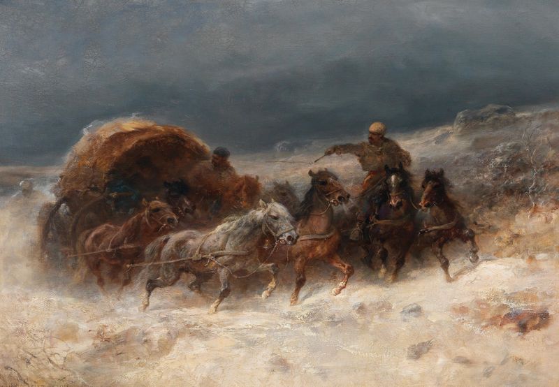 Geldings in a winter landscape, oil on canvas by Adolf Schreyer