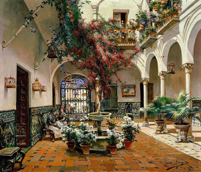 Interior courtyard scene in Seville by Manuel García y Rodríguez, showcasing light and shadows