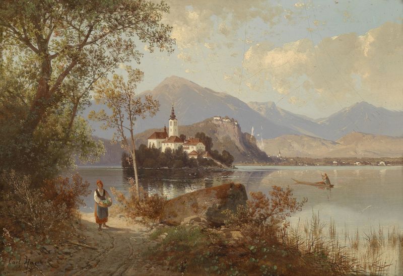 Blick auf den Bleder See, óleo sobre tela de Carl Hasch, retratando um lago sereno e montanhas enevoadas.