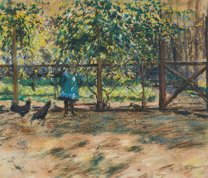 Genre scene with figures in a garden, oil on canvas by Fritz von Uhde